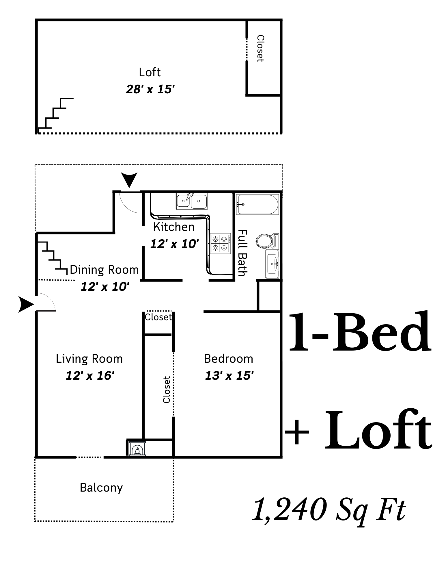 Floor plan for 1 bed, 1 bath, 1240 sqft